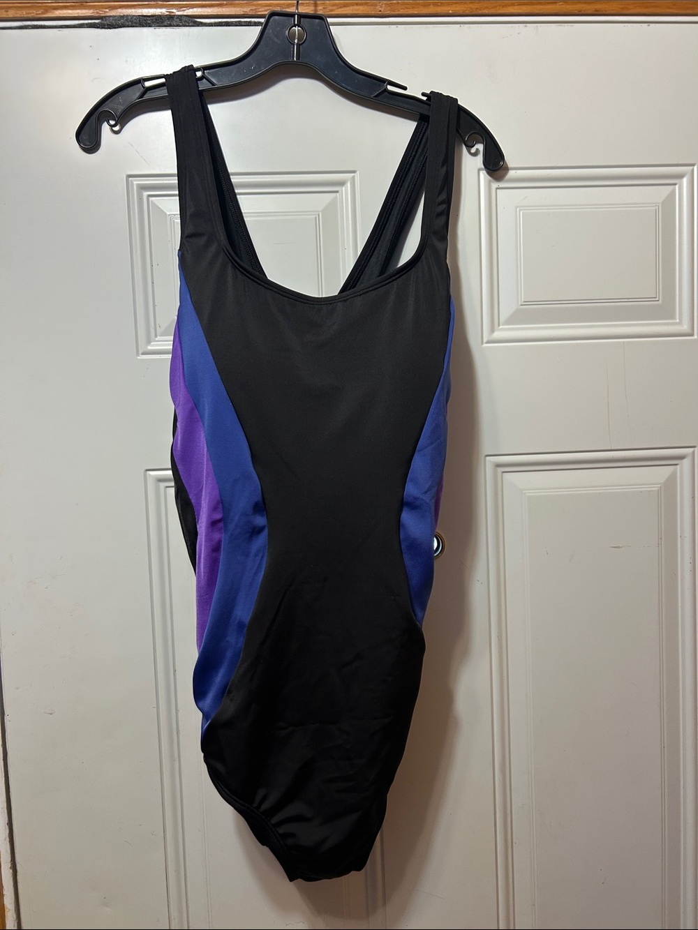 Land’s End Women's Black One-Piece Swimsuit with Purple and Blue Panels 16L